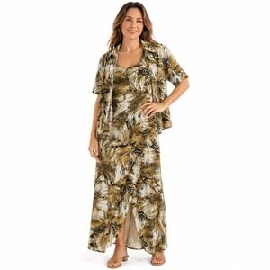 VTG Conrad C Tropical Leaf Print 3 Piece Shirt Tank Maxi Skirt Set Tan Size 12